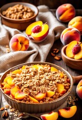 delicious warm peach crisp golden fresh cinnamon perfect dessert treat, fruit, crust, baked, oats, sugar, sweet, recipe, homemade, topping, buttery, flaky