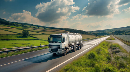 A large truck is driving down a road with a beautiful
