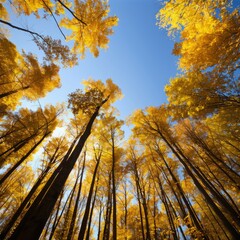 A forest with trees in full bloom and a clear blue sky