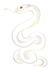 Golden snake outline simple vector design. Elegant golden snake the symbol of the Year isolated on white background. Design for New Year banner, backgrounds, cards with space for text.