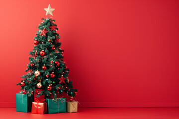 Christmas tree with gifts on red background, minimalistic, Christmas and New Year concept. Simple studio setting against a flat color backdrop, with copy space.