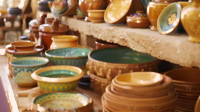 A display of handcrafted pottery and kitchenware made by a nearby artisan.