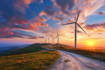 Scenic panorama of windmills on rolling terrain, producing sustainable power against a striking sunset sky