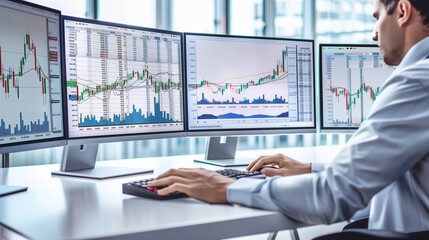 Fototapeta premium a financial analyst using a computer to analyze stock market data, with graphs and charts displayed on multiple monitors, perfect for themes of data analysis, stock market trends,