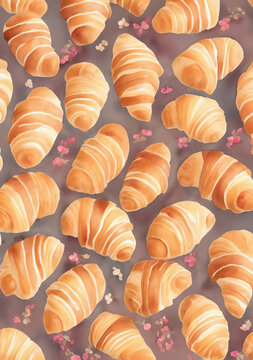 watercolor illustration of croissants on colored background, pattern, postcard design, drawing