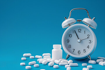 An alarm clock and scattered white pills on a blue background. The image emphasizes the concept of timely medication and health management.