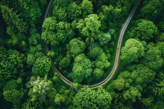 Bird's eye perspective of a verdant woodland with a serpentine path, highlighting the splendor of nature and sustainable principles through an esg approach