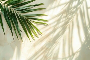 Shadows of tropical leaves falling on a pale background and beige flooring. Abstract backdrop generated by palm leaf silhouettes ideal for summertime template designs