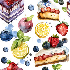 WATERCOLOR clipart seamless, other desserts, the style of pastel colour , birthday event, desserts party