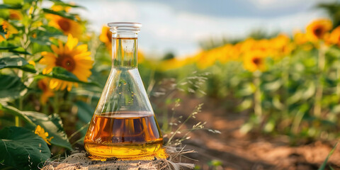 Sunflower oil in a conical flask with a field of sunflowers