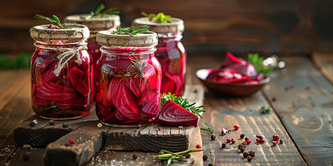 Rustic homemade pickled beets in jars with fresh herbs and spices on a wooden table