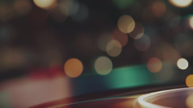 Bokeh blurred view on athlete track and tribune on Olympic games or World cup lights and flashes, abstract footage