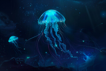 Bioluminescent jellyfish drifting in a dark, dreamlike underwater setting