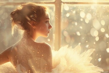 Young ballerina in a white dress poses gracefully in front of a sunlit window