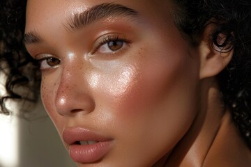 A close-up of a womans face as she is illuminated by the warm rays of the sun, showcasing a radiant and glowing complexion