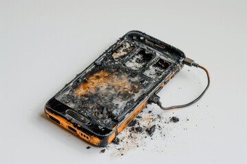 A burnt cell phone lies abandoned on the ground, showing signs of irreparable damage. The device appears charred and nonfunctional, symbolizing loss and destruction