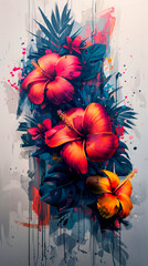 Graffiti-style mural of vibrant hibiscus flowers on a wall. Ideal for businesses in urban art, streetwear, floral decor, or summer promotions.