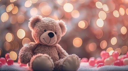 Fototapeta premium Small teddy bear doll sitting with blurry pink bokeh background