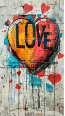 Obraz premium Graffiti-style mural of a heart with the word “LOVE” in vibrant colors on a concrete wall. Ideal for businesses in urban art, streetwear, and creative marketing, or for Valentine’s Day promotions.