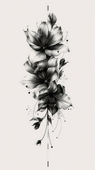 Fototapeta premium Monochrome floral illustration featuring detailed black and white flowers arranged vertically on a light background. Suitable for tattoo designs, art prints, and interior decor, emphasizing elegance a