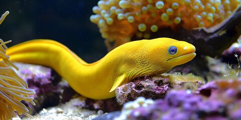 A green moray eel with a vibrant yellow color swimming near coral and sea anemones