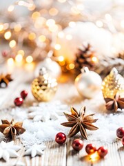 Cozy Christmas Decor. A beautifully arranged festive scene featuring pine branches, red berries, and pinecones, adorned with soft snow and warm bokeh lights, creating a joyful holiday atmosphere.