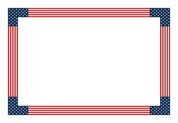 American flag motif, horizontal rectangle frame. Decorative rectangular border made of made with stars and stripes pattern, based on the national flag of the United States. Isolated illustration.