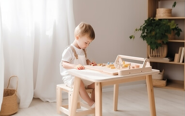 child studying at table according to Montessori teaching pedagogy, concept of children's play with copy space. --ar 8:5 --v 5 Job ID: 1c21813f-e94d-4fd8-a2ac-e5bf182d8a24