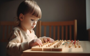 child studying at table according to Montessori teaching pedagogy, concept of children's play with copy space. --ar 8:5 --v 5 Job ID: a2d6d8a0-cb18-46f4-8fba-d729a3aa363f