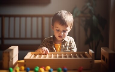 child studying at table according to Montessori teaching pedagogy, concept of children's play with copy space. --ar 8:5 --v 5 Job ID: 529152c5-164d-4eb9-a919-f9f742de4b0c
