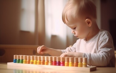 child studying at table according to Montessori teaching pedagogy, concept of children's play with copy space. --ar 8:5 --v 5 Job ID: 5709d737-55ca-464e-89ab-92ac852c0f95