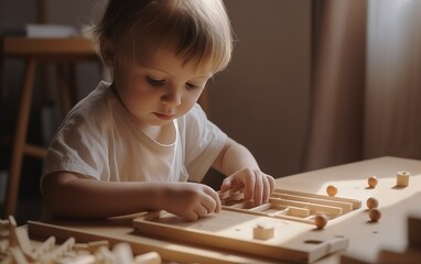 child studying at table according to Montessori teaching pedagogy, concept of children's play with copy space. --ar 8:5 --v 5 Job ID: ae05ebbc-8a9b-4c5a-8e5d-b79600080ac0