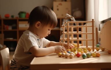 child studying at table according to Montessori teaching pedagogy, concept of children's play with copy space. --ar 8:5 --v 5 Job ID: d9666b9e-fd76-4078-8dec-10d2cd9e67b0