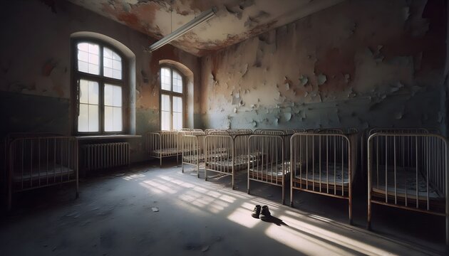 Beds inside a terrifying abandoned orphanage