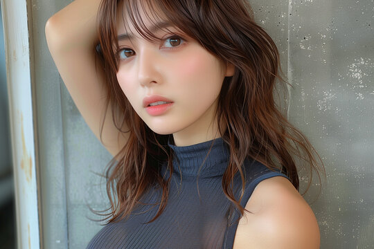サマーニットを着ているギャル風な綺麗なモデル