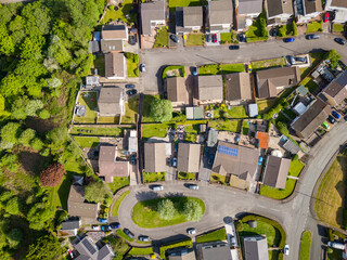 Top down aerial view of residential streets and houses in summer (Ebbw Vale, Wales)