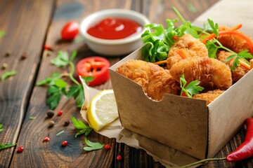 Takeaway food - fried breaded chicken nuggets and vegetables on wooden table - generative ai