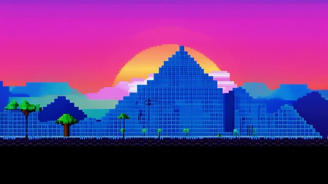 A colorful animated and pixelated background like in an 80s computer game.