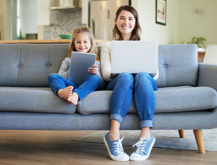 Laptop, tablet and mother with kid in portrait for streaming movies, film or series together in...