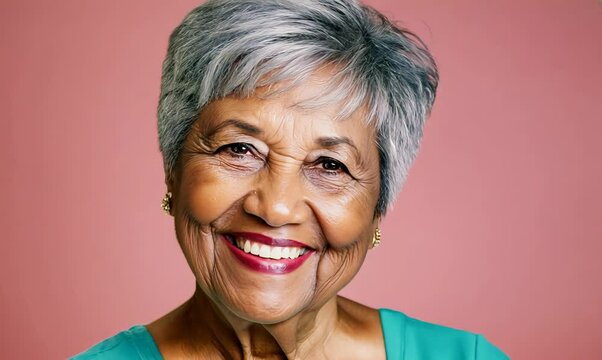 Cheerful senior woman with colored background, gray hair, and cropped hair smiling in studio portrait