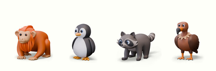 Realistic figurines of wild animals and birds. Uakari, penguin, raccoon, vulture