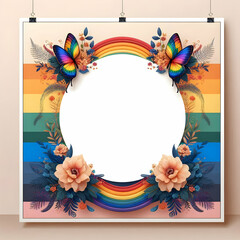 frame with flowers and butterflies, pride month background template copy space.
