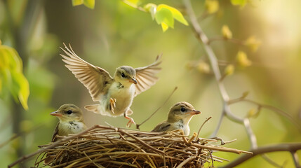 Chicks practicing their first flight, perched on the edge of a nest, under the sky.