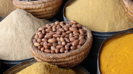 Traditional Moroccan Spice Market with Colorful Spices, Handmade Goods, and Vibrant Textures - High-Quality Adobe Stock Image of Moroccan Cuisine, Culture, and Heritage with Exotic and Diverse Spices