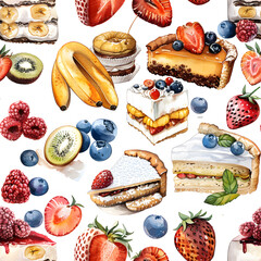 WATERCOLOR clipart seamless, Banana Pudding, pies and pastries, fruits, the style of pastel colour , birthday event, desserts party.