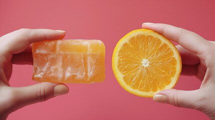 Two people holding a bar of soap and an orange