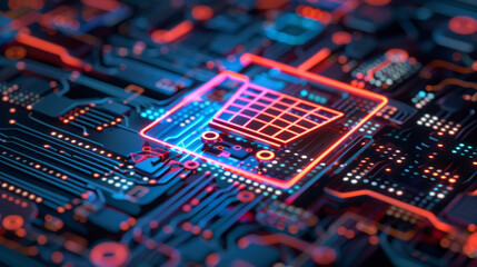 Fototapeta premium Neon shopping cart icon on digital circuit board