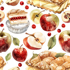 WATERCOLOR clipart seamless, Apple Turnovers, pies and pastries, fruits, the style of pastel colour , birthday event, desserts party.