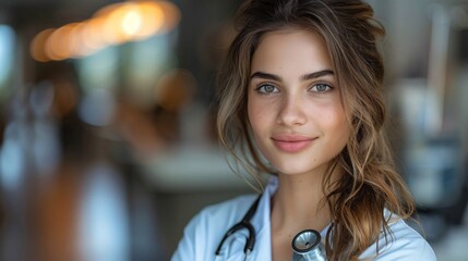 Obraz premium A young female doctor with a stethoscope around her neck, smiling confidently, standing in a hospital setting with blurred lights in the background, symbolizing health and compassion.