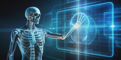 Skeleton pressing a virtual button on a futuristic interface , technology, digital, virtual reality, button, interface